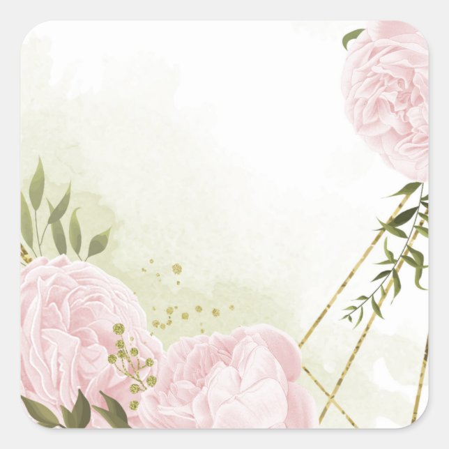 Sticker Carré Boho rose fleurs vert feuille botanique (Devant)