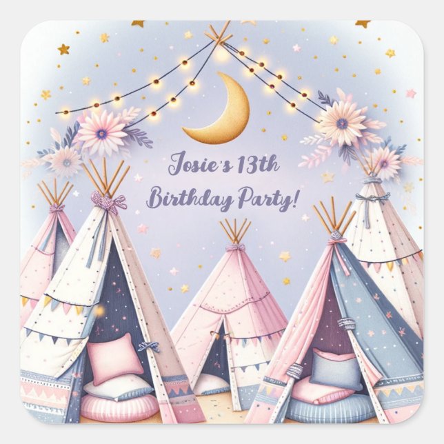 Sticker Carré Boho Teepee Girl Sleepover Parti de bois d'oeuvre (Devant)
