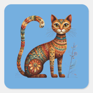 Sticker Carré Boho Tribal Chat Mignon Art Populaire avec Fleurs