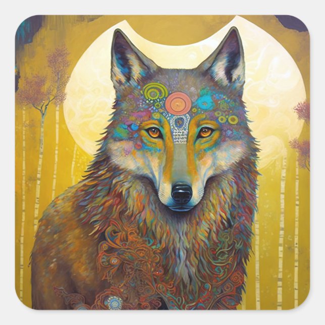 Sticker Carré Boho Wolf Surreal Wildlife Art (Devant)