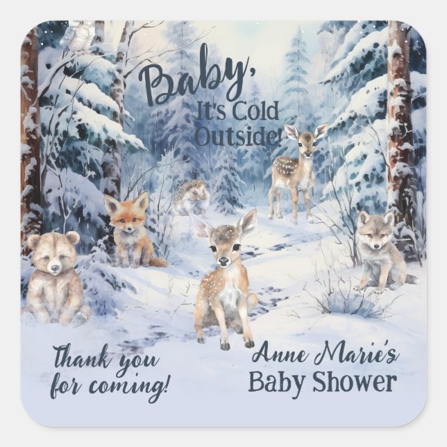 Sticker Carré Bois Bébé Animaux Hiver Baby shower garçon (Devant)