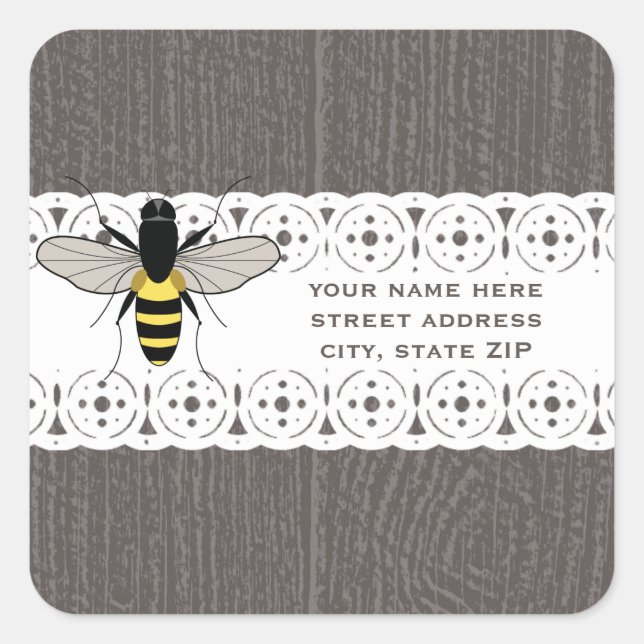 Sticker Carré Bois et dentelle Inspirée Miel Abeille Adresse (Devant)