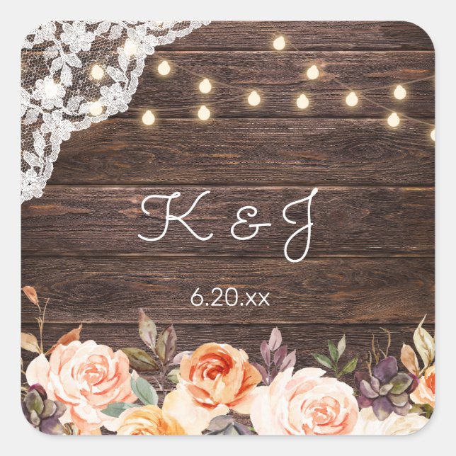 Sticker Carré Bois Jean Lace, Blush & Peach Monogramme floral (Devant)