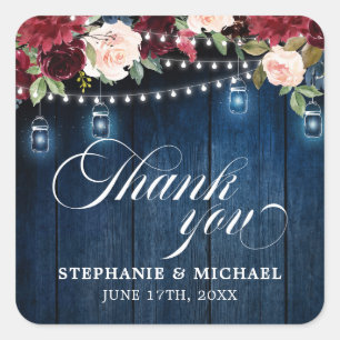 Sticker Carré Bois rustique Bourgogne Floral Mason Jar Mariage