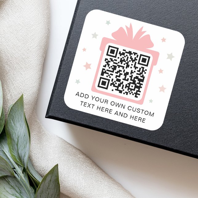 Sticker Carré Boîte cadeau cadeau cadeau cadeau avec étoiles cod (Gift box present with stars QR code pink white Square Sticker)