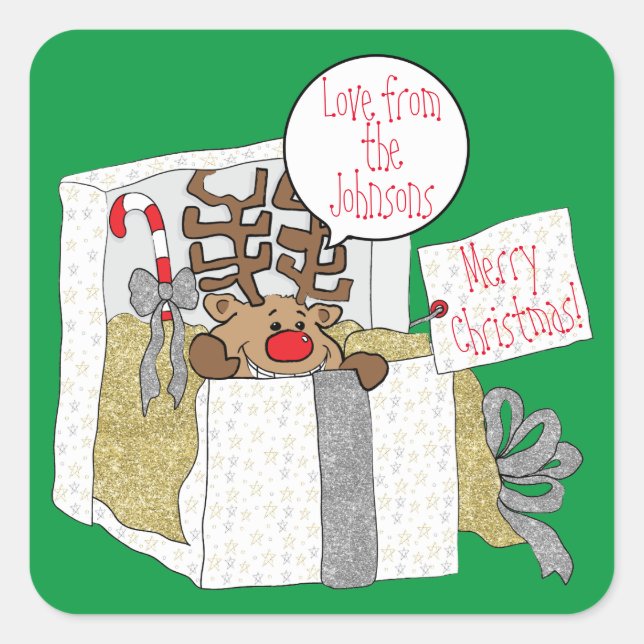 Sticker Carré Boîte cadeau Reindeer de Noël (Devant)