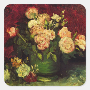 Sticker Carré Bol avec pivoines et roses par Vincent van Gogh