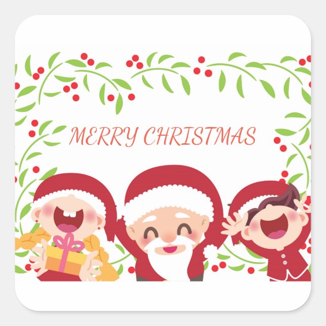 Sticker Carré Bon Père Noël Et Enfants (Devant)