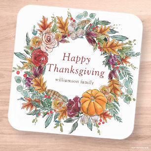 Sticker Carré Bon thanksgiving aquarelle chute Citrouille couron