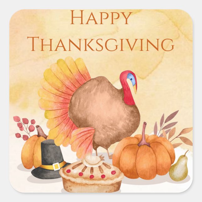 Sticker Carré Bon thanksgiving aquarelle turquie citrouilles (Devant)