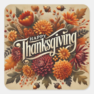 STICKER CARRÉ BON THANKSGIVING AUTOMNE FEUILLES DE TOMBÉE