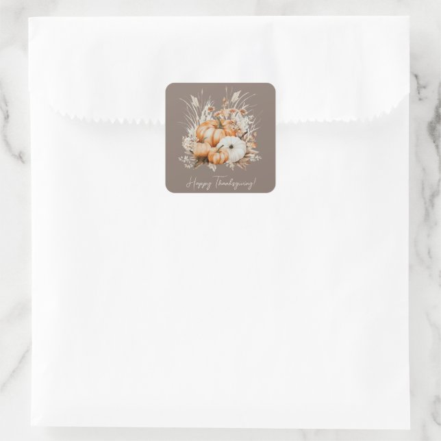 Sticker Carré Bon thanksgiving d'aquarelle Citrouilles d'herbe s (Sac)