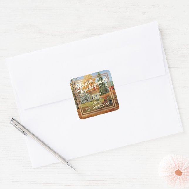 Sticker Carré Bon thanksgiving d'aquarelle de ferme personnalisé (Enveloppe)
