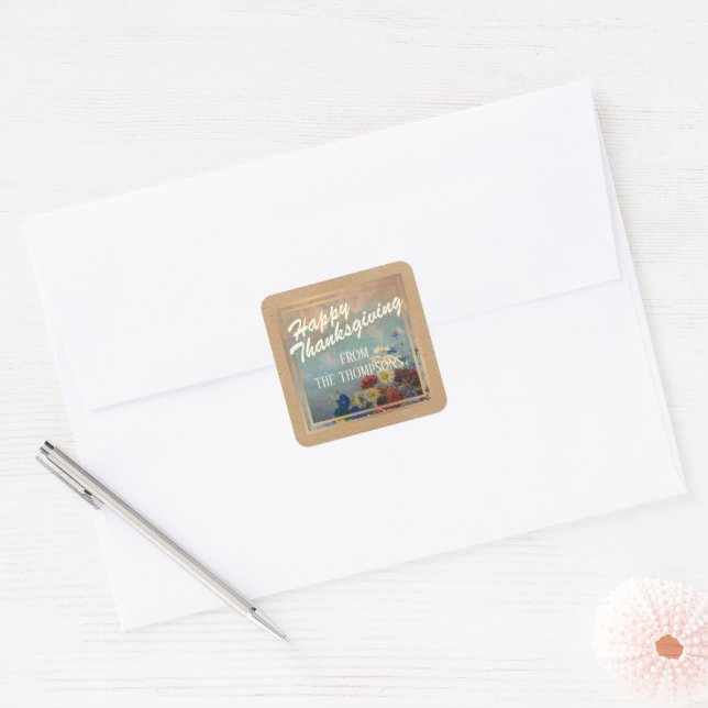Sticker Carré Bon thanksgiving d'aquarelle florale personnalisé (Enveloppe)