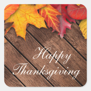 Sticker Carré Bon thanksgiving Feuille d'érable en bois rustique