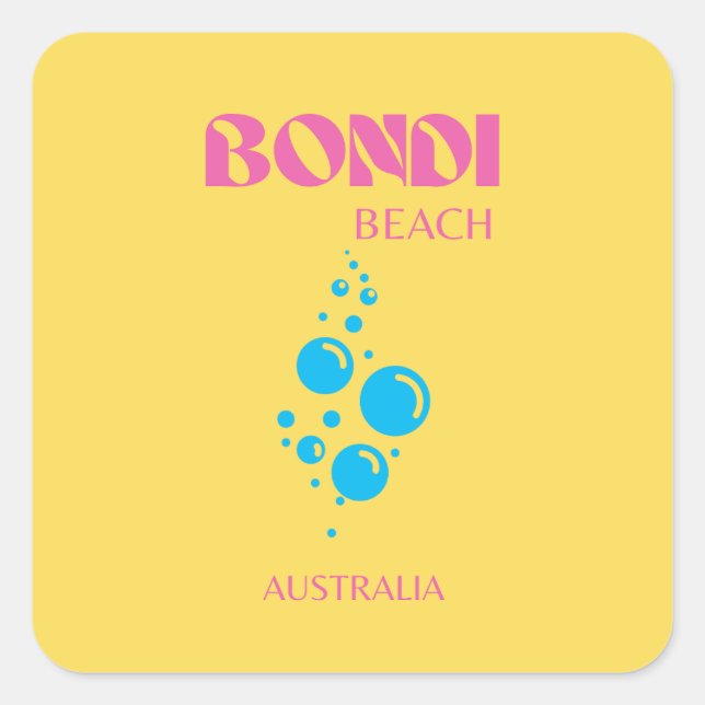Sticker Carré Bondi Beach, Travel Art, Preppy, Jaune, Rose (Devant)