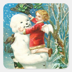 Sticker Carré Bonhomme de neige Ange Chérubin Trèfle à quatre fe
