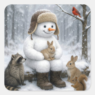Sticker Carré Bonhomme de neige dans les bois hivernaux avec des