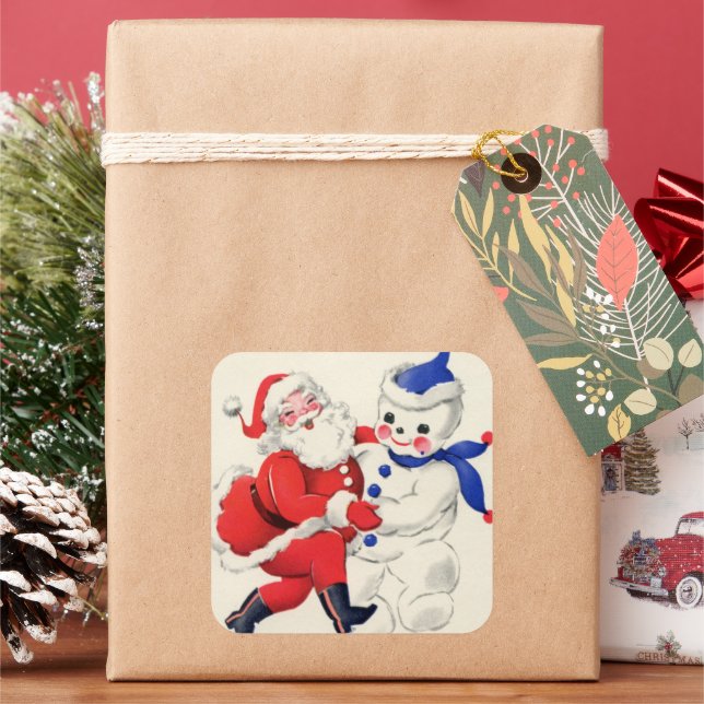 Sticker Carré bonhomme de neige de Noël rétro Père Noël (vacances)