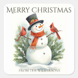 Sticker Carré Bonhomme de neige et cardinaux à l'aquarelle Noël