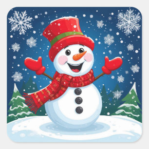 Sticker Carré Bonhomme de neige joyeux avec écharpe et chapeau r