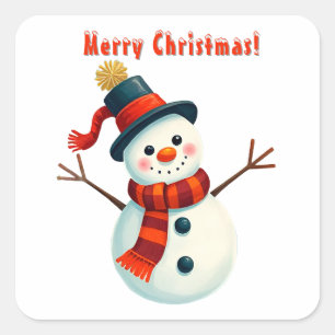 Sticker Carré Bonhomme de neige joyeux dans un paysage hivernal