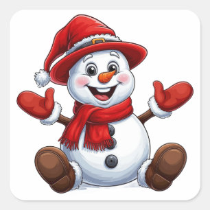 Sticker Carré Bonhomme de neige joyeux habillé en rouge avec cha