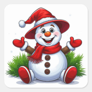 Sticker Carré Bonhomme de neige joyeux habillé en rouge avec cha