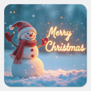 Sticker Carré Bonhomme de neige joyeux Noël avec enseigne au néo