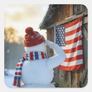 Sticker Carré Bonhomme de neige saluant un drapeau américain