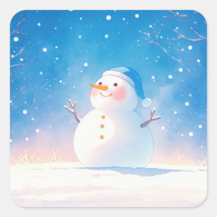 Sticker Carré Bonhomme de neige souriant avec bonnet bleu dans u