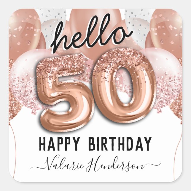 Sticker Carré Bonjour 50 Parties scintillant roses Ballons d'ann (Devant)