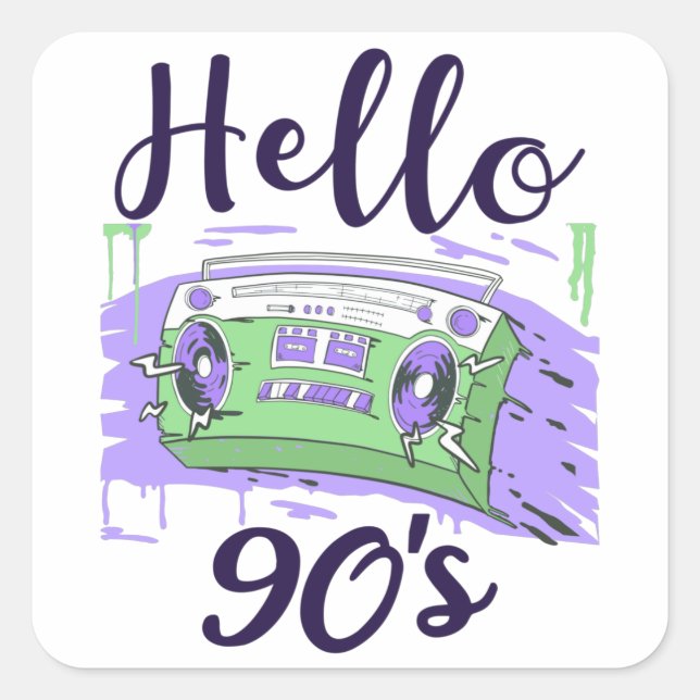Sticker Carré Bonjour 90s radio cassette enregistreur (Devant)