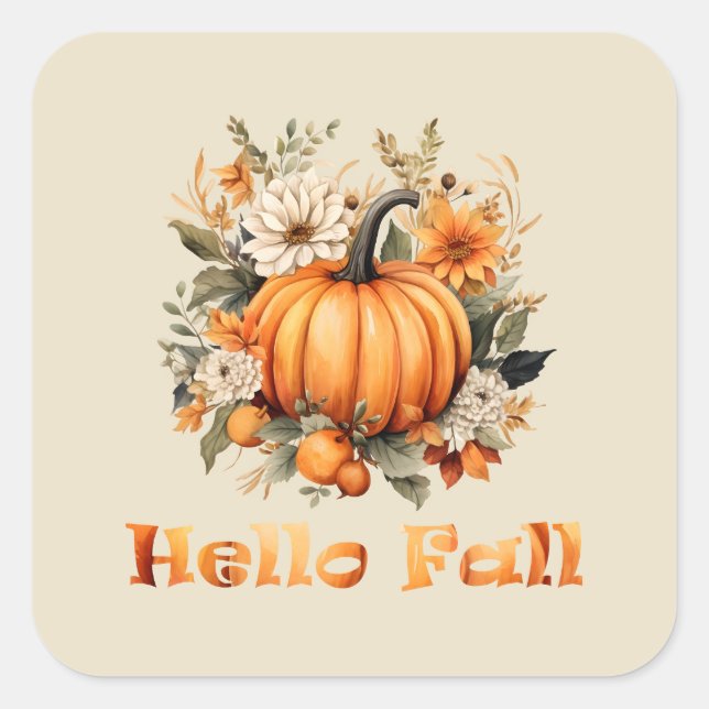 Sticker Carré Bonjour Automne aquarelle fleur sauvage feuilles d (Devant)
