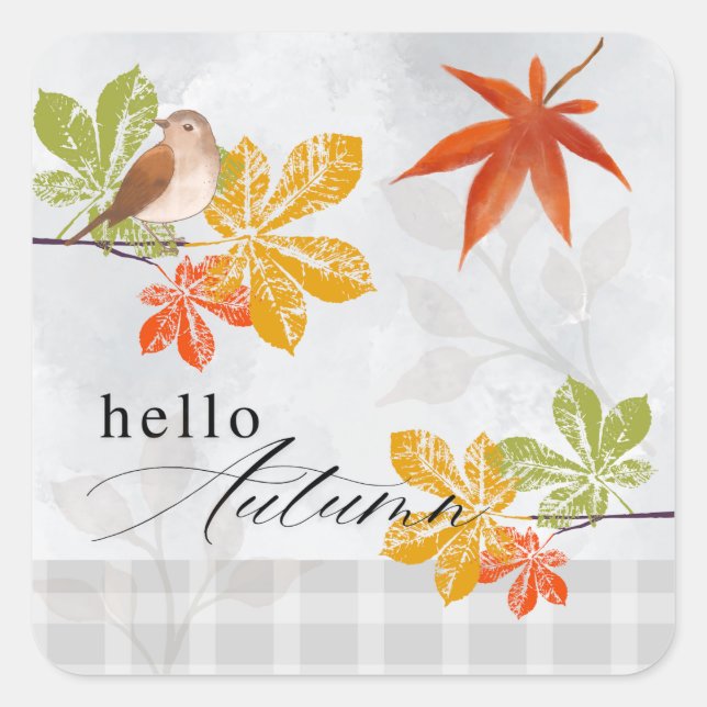 Sticker Carré Bonjour automne avec les feuilles d'oiseaux et d'a (Devant)