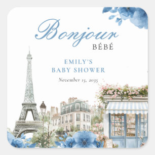 Sticker Carré Bonjour Bébé Bleu Français Baby Shower