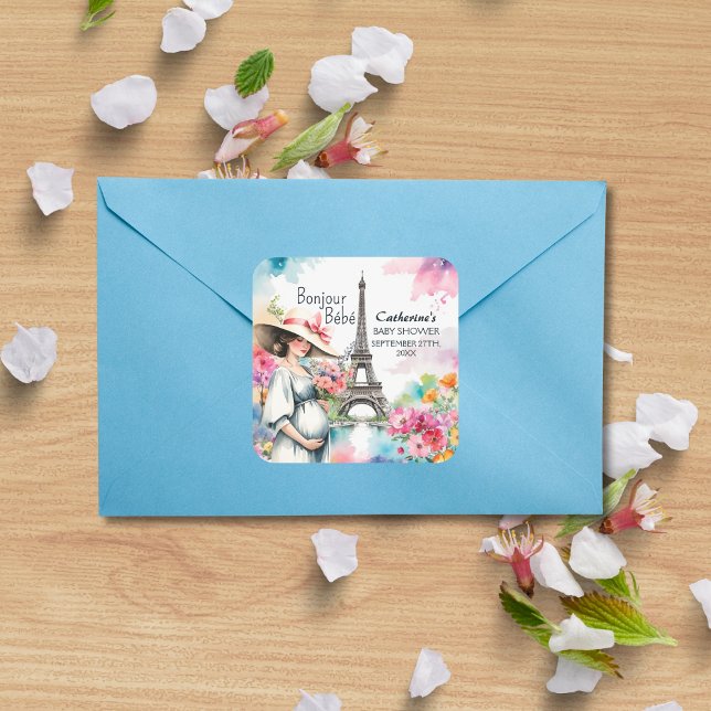 Sticker Carré Bonjour Bebe Floral Tour Eiffel Baby shower Paris (Créateur téléchargé)