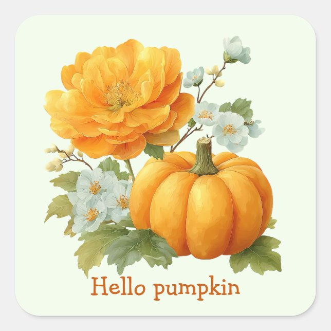 Sticker Carré Bonjour Citrouille Floral Halloween Design (Devant)