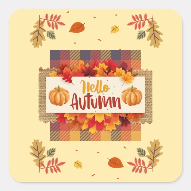 Sticker Carré Bonjour feuilles à carreaux d'automne  (Devant)
