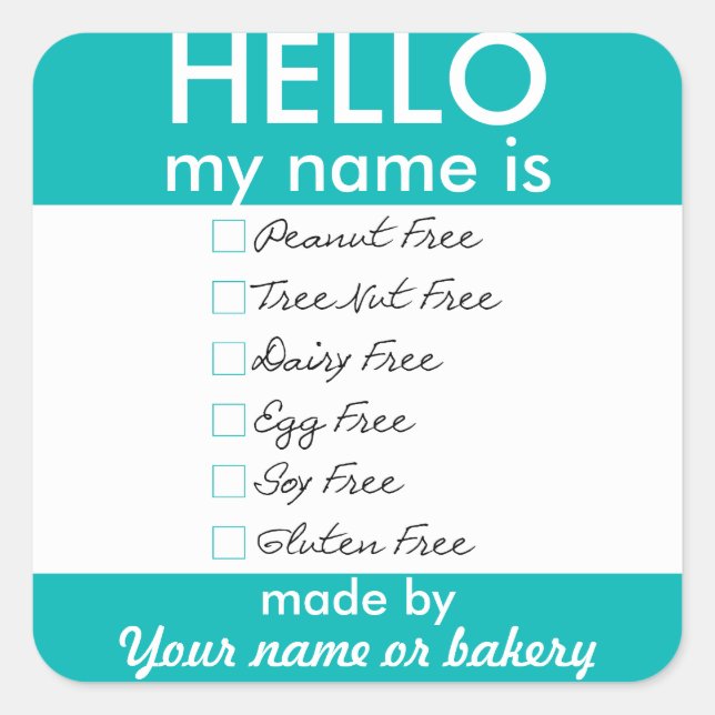 Sticker Carré Bonjour Mon Nom Allergy Free Baking Bake Sale (Devant)