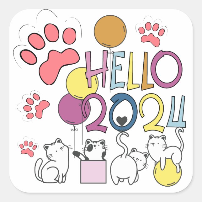 Sticker Carré Bonjour Nouvel An 2024 Avec Jouer Aux Chats (Devant)