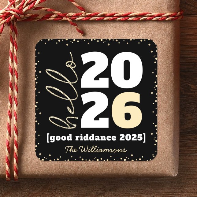 Sticker Carré Bonjour Nouvel An Noir Or Moderne Personnalisé Nom (Créateur téléchargé)