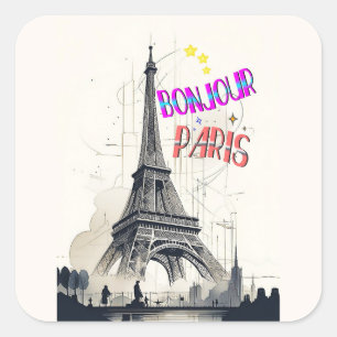 Sticker Carré Bonjour Paris coloré