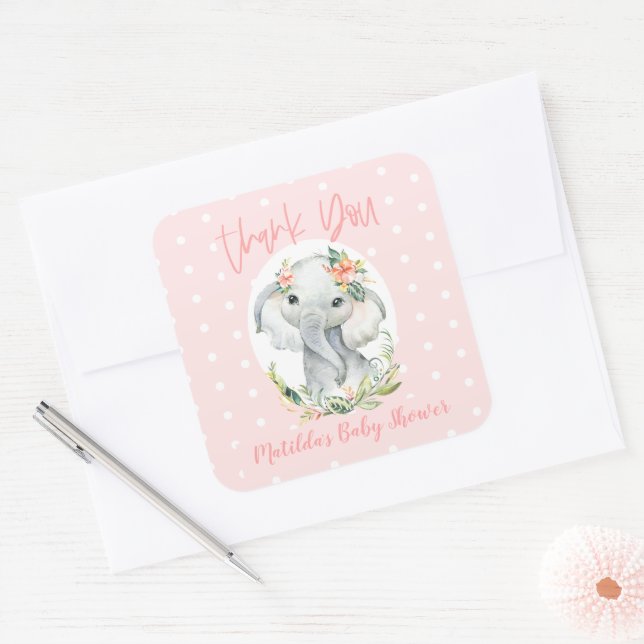 Sticker Carré Bonjour petit un merci baby shower éléphant (Enveloppe)