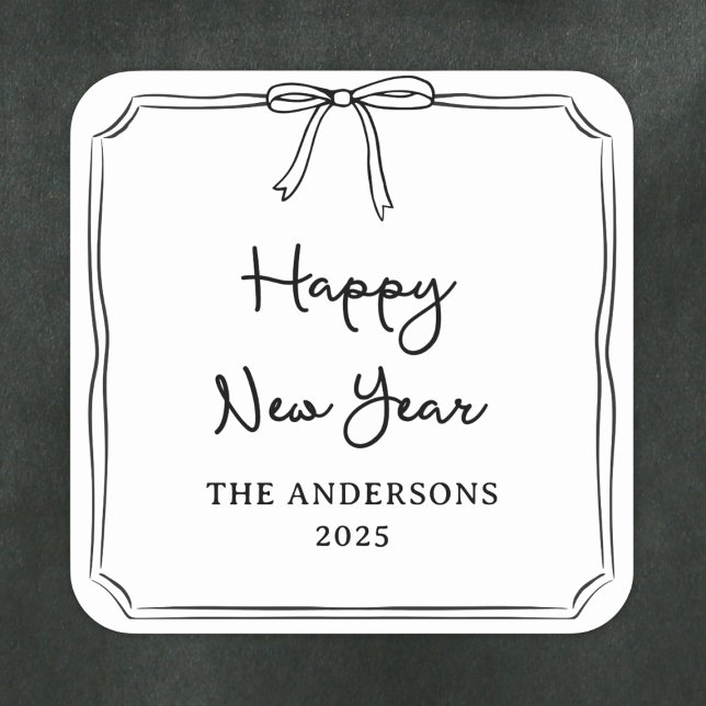 Sticker Carré Bonne année ! Bow noir et blanc personnalisé (Créateur téléchargé)