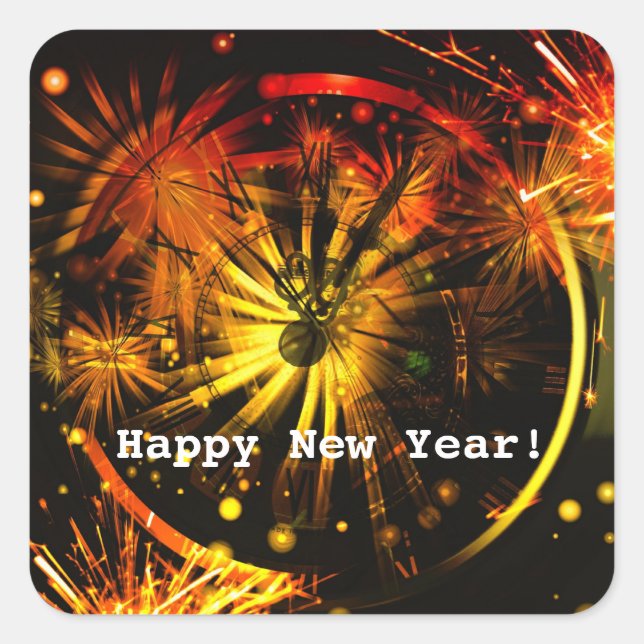 Sticker Carré Bonne année ! Feux d'artifice et horloge (Devant)
