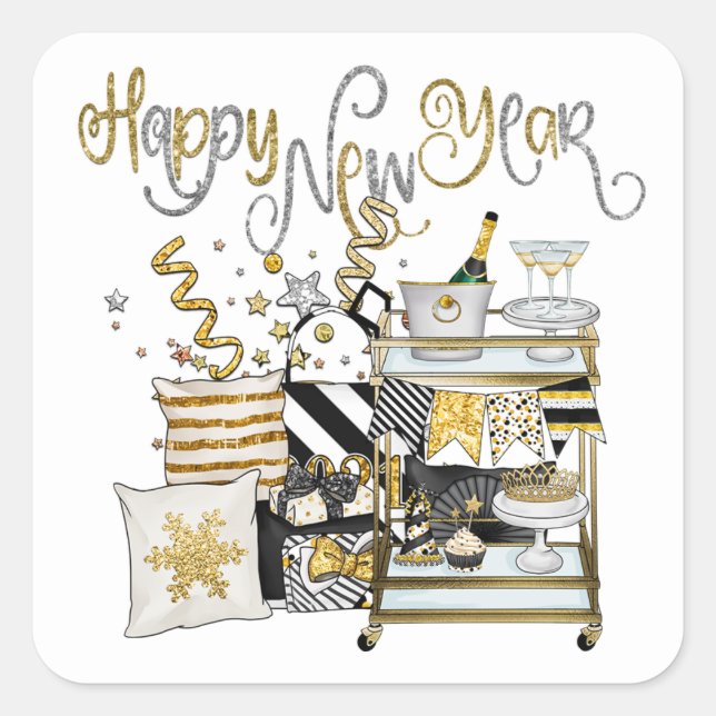 Sticker Carré Bonne année Gold Black Champagne Cadeaux Confetti (Devant)