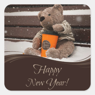 Sticker Carré Bonne année. Ours en peluche.