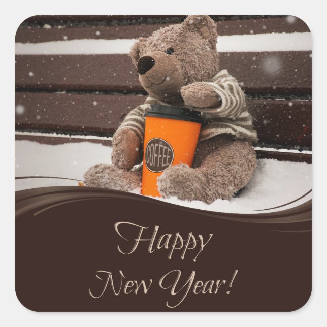 Sticker Carré Bonne année. Ours en peluche. (Devant)