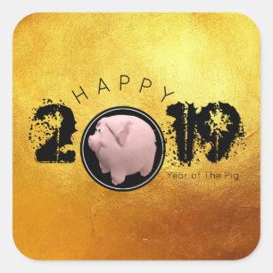 Sticker Carré Bonne année PIg 2019 Original 3D golden carré S